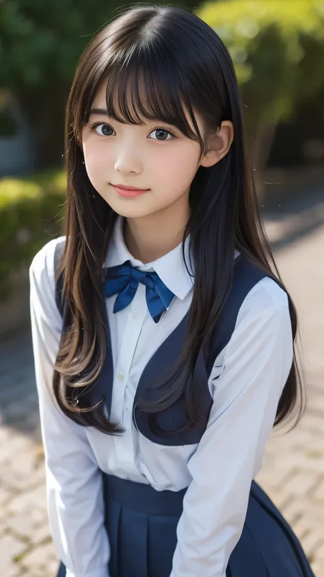 Imagine a charming illustration in the style of Loundraw, Depicts a beautiful schoolgirl. She is wearing a classic school uniform, With a fitted skirt and a perfectly lined shirt. Her long black hair, With soft bangs, Falling gracefully over her shoulders....