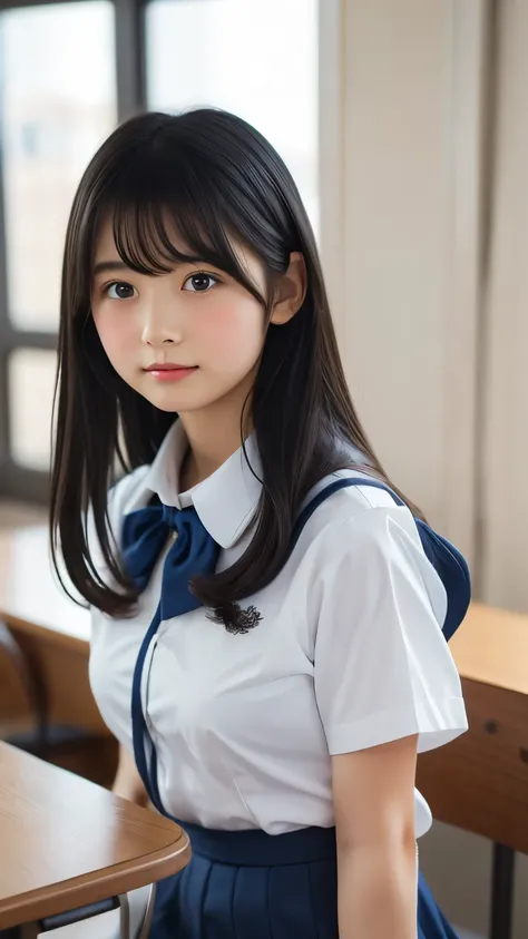 Imagine a charming illustration in the style of Loundraw, Depicts a beautiful schoolgirl. She is wearing a classic school uniform, With a fitted skirt and a perfectly lined shirt. Her long black hair, With soft bangs, Falling gracefully over her shoulders....