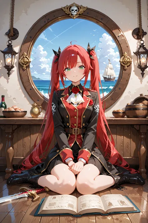 Create an artwork blending watercolor (0.4) and pastel (0.6) styles, featuring a young girl with long black twin-tails adorned with delicate ribbons, faint red highlights shimmering in her hair, and piercing green eyes that convey quiet strength. She wears...