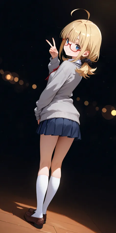 {{{Ultra wide shot}}}, full body, (Head-to-toe shot:1.2), from behind, looking at viewer, looking back,1 girl,arched back,Dutch angle,high angle, front light,making a V sign,high school student,svelte body,petite,blue eyes, red-frame under rim glasses, fai...