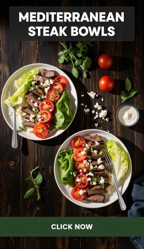 “A vertical Pinterest pin (1000×1500 px) showcasing a delicious recipe: ‘MEDITERRANEAN STEAK BOWLS’.
– Composition: Top‑down view of two steak bowls on a rustic wooden surface, each topped with grape tomatoes, romaine lettuce, crumbled feta cheese, and fre...