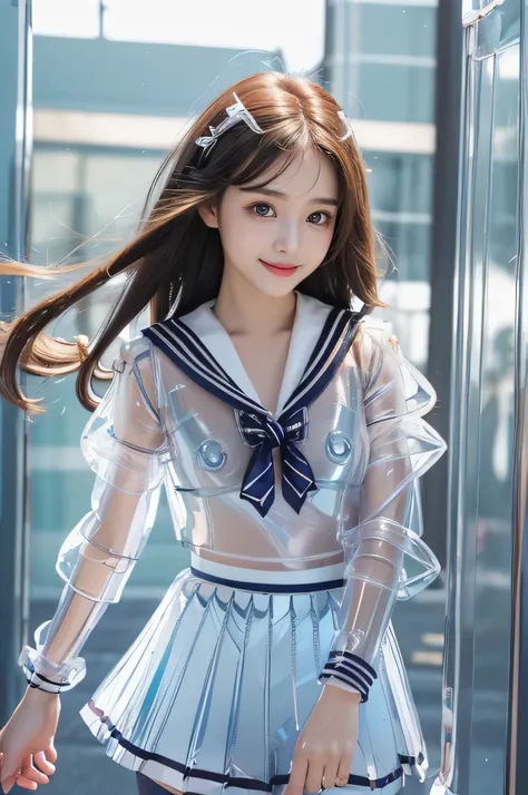 Very beautiful cute girl,(super cute face:1.2),(baby face),(sparking clear attractive large eyes:1.2), Beautiful detailed eyes, Detailed double eyelids, smiling, (realistic photograph:1.1), in the street,
(super shiny transparent sailor high school uniform...