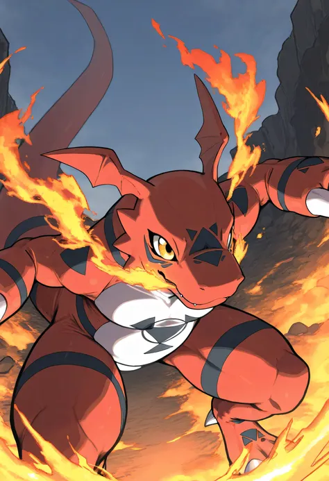 soft shading, 4k, hi res, detailed face, detailed, Best quality, masterpiece, detailed all anatomy, detailed eyes, dynamic pose, perfect shading, by Buta99, by K0BIT0WANI, by SpiritD, 1male, Digimon, Guilmon, mouth on fire, serious and challenging look, in...