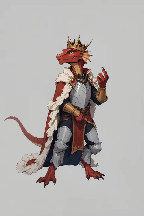 wearing a crown, noble, scaled, reptilian, red scales, yellow eyes, rich