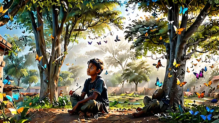 dynamic photo of A indian boy is sitting under a tree in a village garden thinking about something and butterflies are flying around him and musical notes is flowing in the air, stunning picture, realistic cinematic style, 4k ultra HD quality in 3D