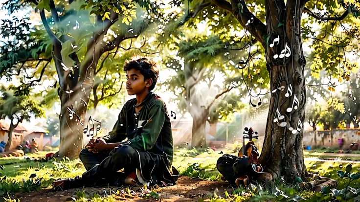 dynamic photo of A indian boy is sitting under a tree in a village garden thinking about something, (musical notes 🎶 🎶)is flowing around him, stunning picture, realistic cinematic style, 4k ultra HD quality in 3D