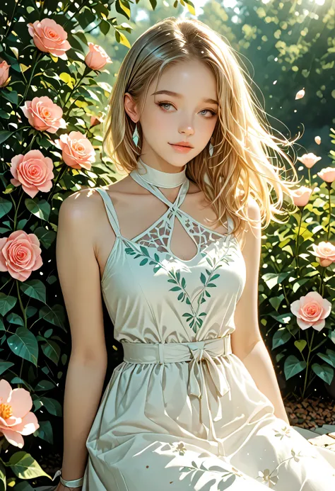 Realistic Gwen Stacy sitting gracefully in a vibrant summer garden, surrounded by blooming roses and towering sunflowers, wearing a light floral sundress gently flowing in the breeze, soft golden sunlight filtering through the leaves, detailed textures on ...