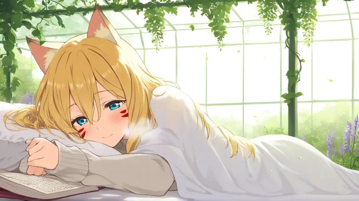Masterpiece, Best Quality, Top Quality, Very Detailed, 1 girl, Nestled in a canopy bed draped with ivy and wildflowers, the catgirl dozes, her ears flicking occasionally at the whisper of leaves. Sunbeams pierce the glass greenhouse ceiling, setting her go...