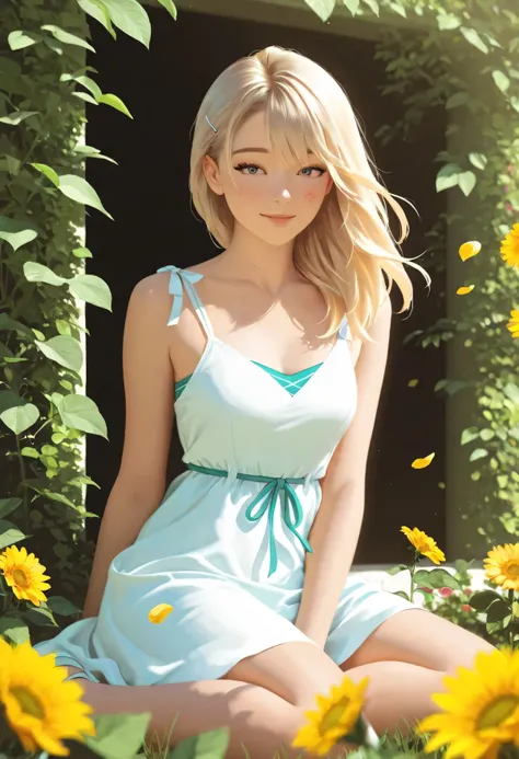 Realistic Gwen Stacy sitting gracefully in a vibrant summer garden, surrounded by blooming roses and towering sunflowers, wearing a light floral sundress gently flowing in the breeze, soft golden sunlight filtering through the leaves, detailed textures on ...