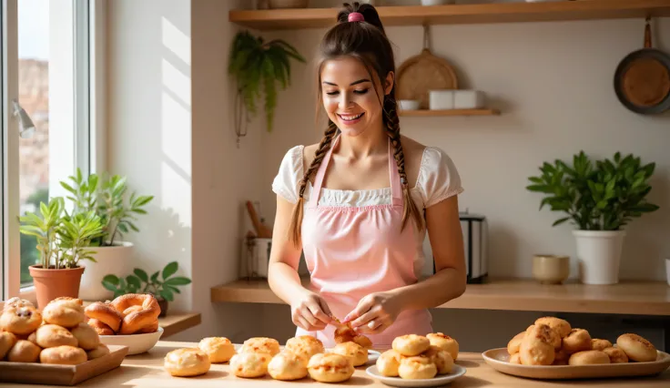 A bright, photo-realistic 16:9 image of a beautiful young woman with long brown hair tied in a high ponytail, wearing a pastel apron, smiling warmly while preparing traditional Spanish pastries in a cozy, sunlit kitchen. She is placing a piece of tarta de ...