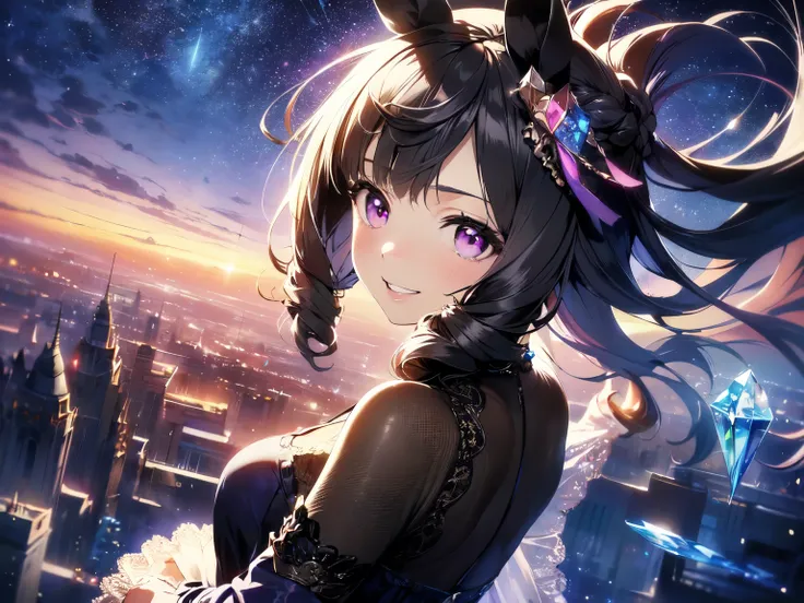 (Solo: 1.5), (: 1.5), (Horse ears: 1.5), (Small face, chubby: 1.5), (Breasts visible through clothes), (Arms up: 1.5), (Looking back: 1.5), (Arms crossed: 1.5), (Looking at camera), (Sexy toothy smile: 1.5), (Long black hair: 1.5), (Blue see-through lace l...