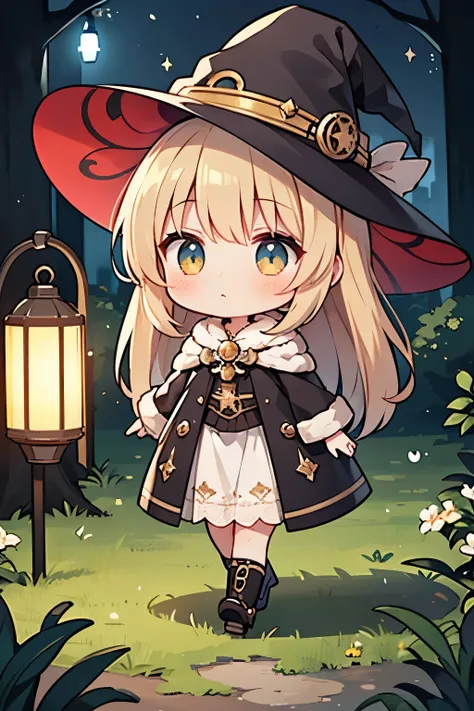 steampunkai。one girl。Cute Witch。( chibi)。light brown fluffy long hair。The lantern with the light on(Just one)Raised 。Walking while worrying about the surroundings。The background is a completely dark magical forest。