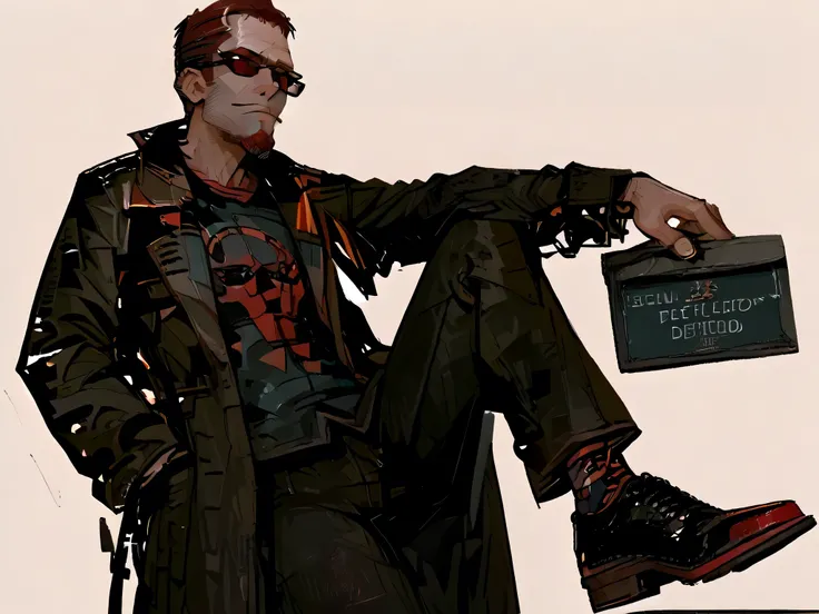 best quality, masterpiece, detailed,748cmstyle, 1man, Postal Dude, sulfs-p2d00d, beard, goatee, red hair, shirt, coat, pants, sunglasses
shoes, skinny, simple background, psychodelic, glitches