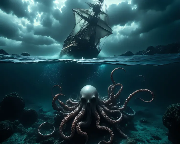 A cinematic split-frame composition where the lens is half-submerged underwater. Below the surface A giant octopus, with many long, fleshy tentacles, dominates the underwater scene. The octopus is positioned in the lower-center of the image, filling most o...