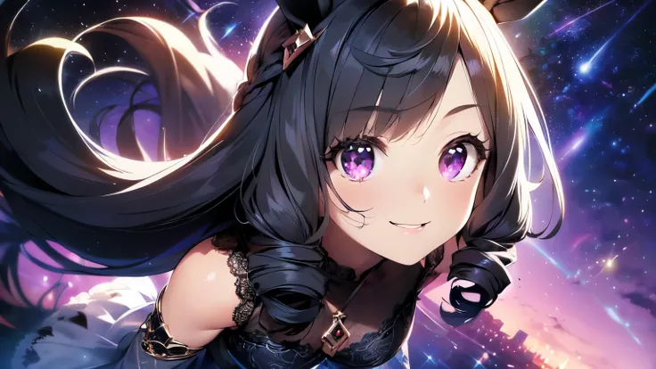 (solo: 1.5), (small: 1.5), (horse ears: 1.5), (small face, chubby: 1.5), (breasts visible through clothes), (arms crossed: 1.5), (arms hidden: 1.5), (leaning forward: 1.5), (looking at camera), (smiling, sexy exposed vagina: 1.5), (long black hair: 1.5), (...