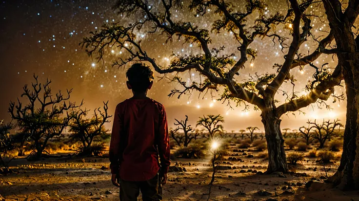 Dynamic photo of Back side photo of a indian boy, looking at some glowing magic from behind a tree in a barren land, at night, stunning picture, realistic cinematic style, 4k ultra HD quality in 3D