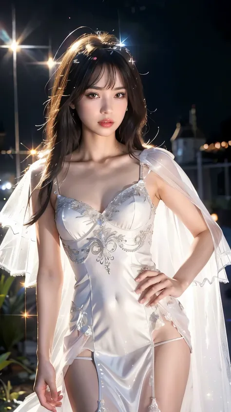 8K, UHD, Masterpiece, 1 girl, ((slim body)), ((small breasts)), good face, detailed eyes, detailed lips, very long hair, beautiful hairstyle, ((glitter dress)), ((decorated petticoat)), ((shining dress)), ((white dress)), ((glitter black lace)), ((mesh cap...