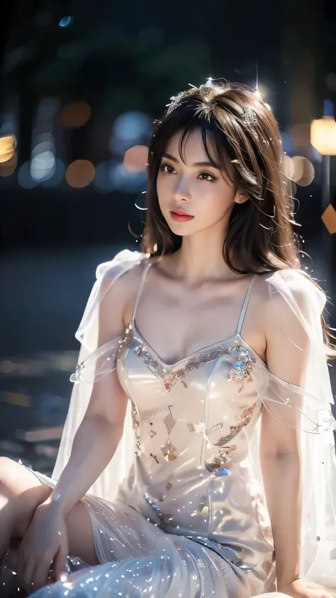 8K, UHD, Masterpiece, 1 girl, ((slim body)), ((small breasts)), good face, detailed eyes, detailed lips, very long hair, beautiful hairstyle, ((glitter dress)), ((decorated petticoat)), ((shining dress)), ((white dress)), ((glitter black lace)), ((mesh cap...