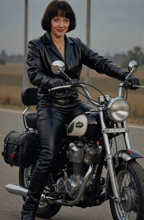Marsha Queen Of Diamonds wearing a black leather pants, wearing black leather boots over her pants, wearing a black leather jacket, wearing black leather opera gloves. riding a motorcycle, full body picture, she is smiling.