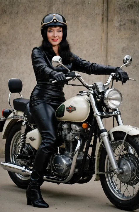 Marsha Queen Of Diamonds wearing a black leather dress down to knees, wearing black leather boots up to her knees, wearing black leather opera gloves. wearing a helmet, riding a motorcycle, full body picture, she is smiling.