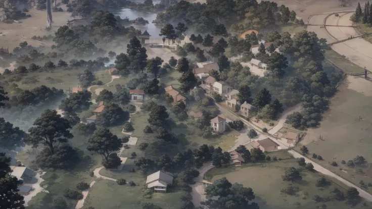 map style, Asian style, nice color, generate from original image, details, trees, road ways, view from image, roads from original image, fields, houses