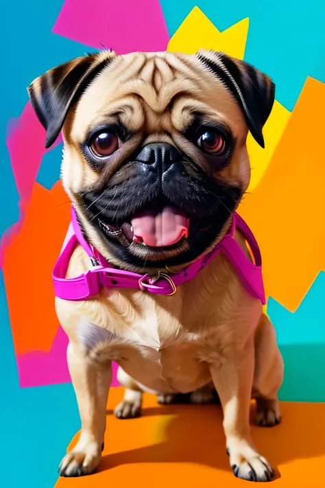 A bold and vibrant pop art portrait of a pug dog as the main subject, with exaggerated expressive eyes and a slightly sad yet adorable expression. The pug is illustrated using vivid geometric patterns and high-contrast colors like electric blue, neon pink,...