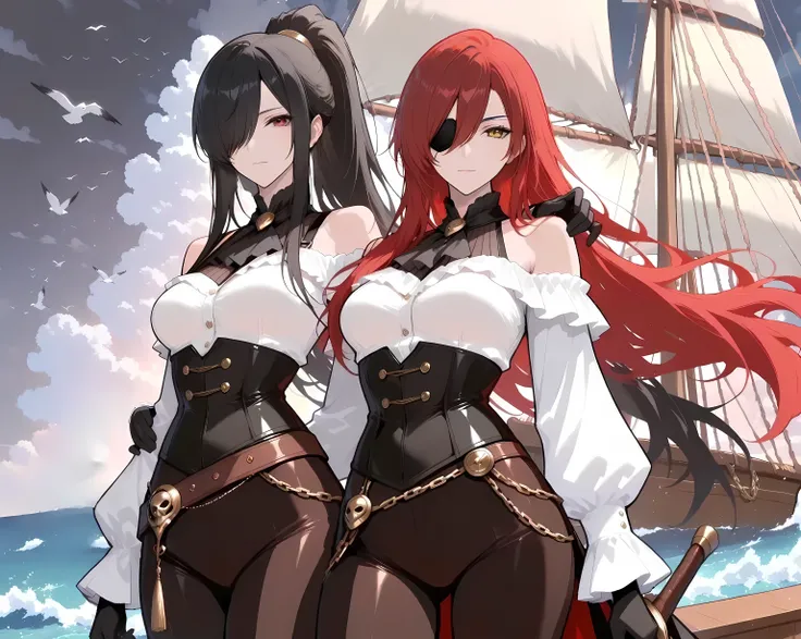 golden eyes, red hair, hair between eyes, black eyepatch