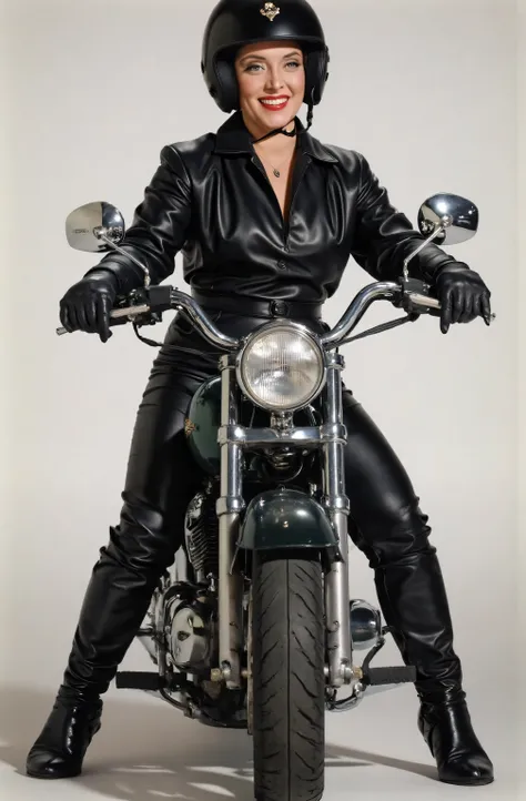 Marsha Queen Of Diamonds wearing a black leather dress down to knees, wearing black leather boots up to her knees, wearing black leather opera gloves. wearing a helmet, riding a motorcycle, full body picture, she is smiling.