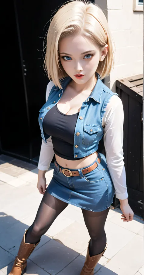 (One girl),  (Android 18), (Her body and eyes face forward), ((She sat on the steps of the driveway outside the building and lifts one side of her denim mini skirt)), ((Intentionally holding the hem of the skirt with the one hand and pushing it up)), ((Her...