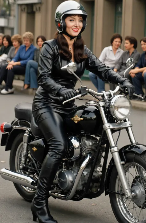 Marsha Queen Of Diamonds wearing a black leather dress down to knees, wearing black leather boots up to her knees, wearing black leather opera gloves. wearing a helmet, riding a motorcycle, full body picture, she is smiling.