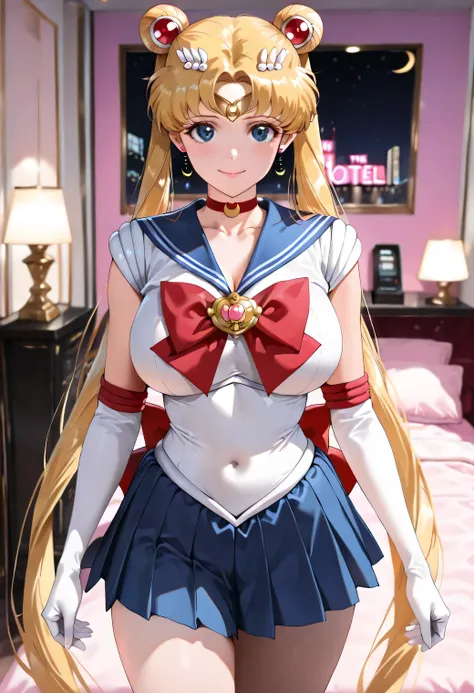 masterpiece, newest, lively, very aesthetic, high contrast, mature women,( Tsukino Usagi , golden hair, long hair, twin tails),  (( hair ornament, long hair, twin tails, split bangs,back bow, blue sailor color, blue skirt, bow, brooch, choker,  crescent, e...