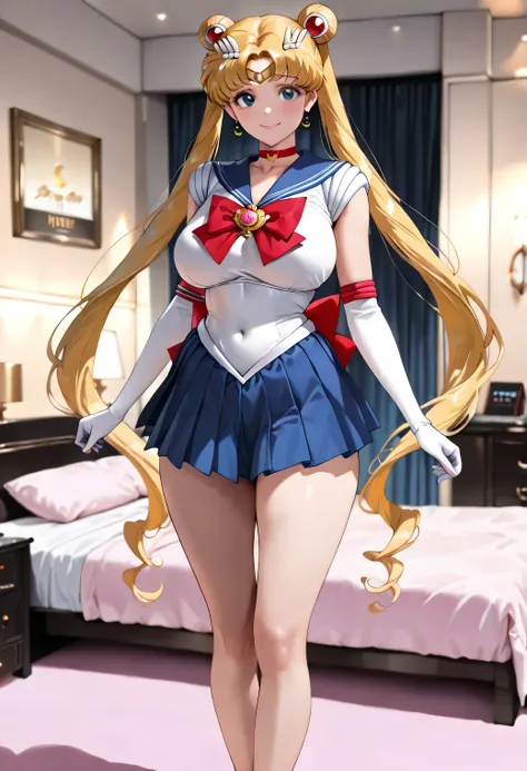 masterpiece, newest, lively, very aesthetic, high contrast, mature women,( Tsukino Usagi , golden hair, long hair, twin tails),  (( hair ornament, long hair, twin tails, split bangs,back bow, blue sailor color, blue skirt, bow, brooch, choker,  crescent, e...
