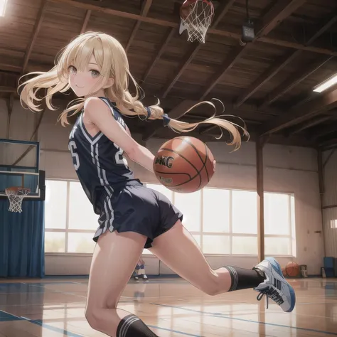 A young female basketball player executes a dynamic jump shot with precision and grace. She holds the basketball firmly in both hands, her form exuding confidence and skill. Her slim-fit uniform highlights her athletic build, while black high socks and mat...