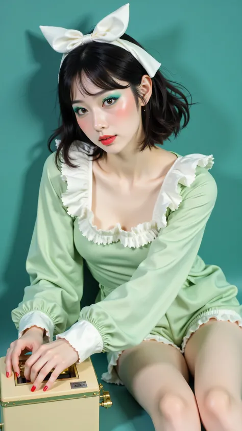 8k, masterpiece, highest quality, Korea's Beautiful Women, Medium shot, high angle viewpoint, woman, dark bobbed hair with bangs, white bow, fair skin, teal eyeshadow, red lips, wearing a light green long-sleeved top with white ruffled collar and cuffs, li...