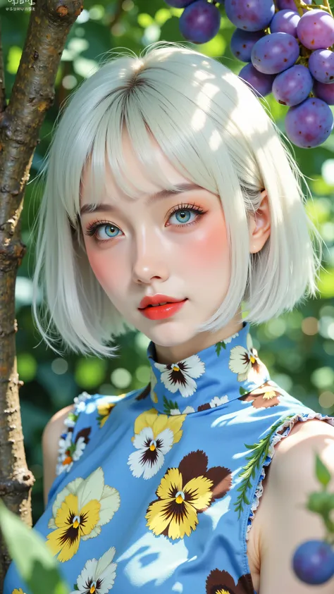 8k, masterpiece, highest quality, Korea's Beautiful Women, Close-up, eye-level viewpoint, woman, short white bob haircut with blunt bangs, fair skin, light blue eyes, red lipstick, wearing a high-necked blue dress with a pattern of yellow, white, and brown...