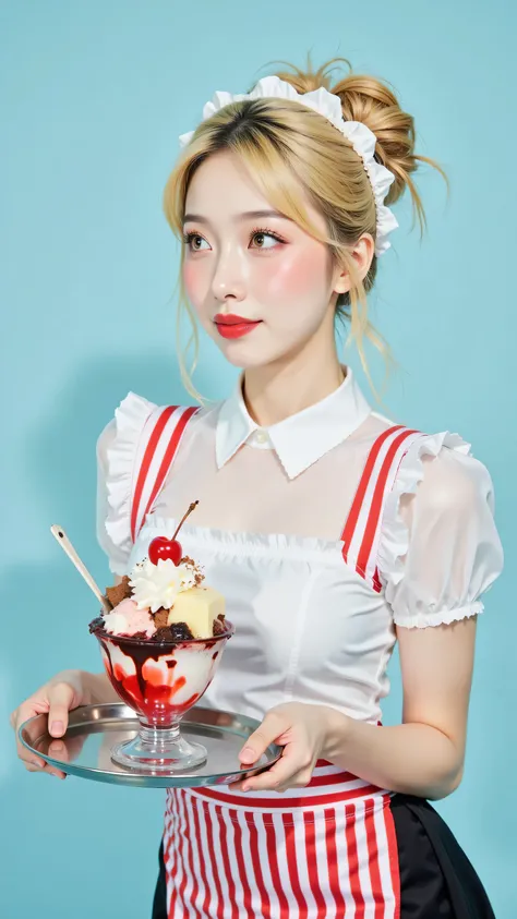 8k, masterpiece, highest quality, Korea's Beautiful Women, Medium shot, slightly high angle viewpoint, woman, blonde hair in an updo with a white headband, fair skin with rosy cheeks, red lipstick, wearing a retro diner waitress costume: a white short-slee...