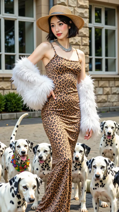 8k, masterpiece, highest quality, Korea's Beautiful Women, Full shot, eye-level viewpoint, woman, short dark hair, dark eyes, wearing a long, fitted leopard print dress, a large white feathered stole draped over her shoulders, a matching leopard print hat,...