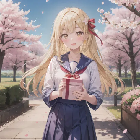 A breathtakingly beautiful 20-year-old woman stands in a lush park filled with cherry blossoms in full bloom beneath a clear blue sky. She wears a classic sailor uniform and gently holds a small, neatly wrapped gift box adorned with a red ribbon. Her radia...