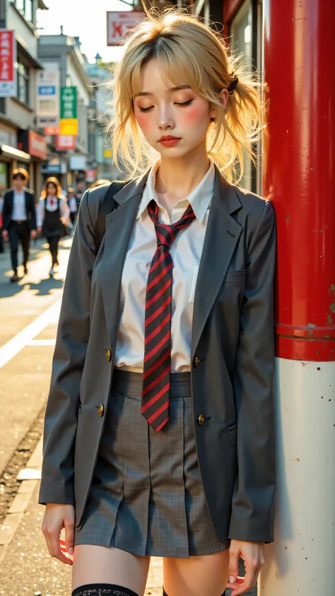 8k, masterpiece, highest quality, Medium shot, slightly low angle viewpoint, messy blonde hair, tan skin, closed eyes, wearing a slightly disheveled school uniform: a grey blazer, a white collared shirt, a loosened red and black striped tie, a short grey ...