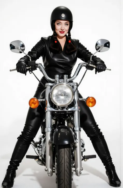 Marsha Queen Of Diamonds wearing a black leather pants, wearing black leather knee high boots, wearing black leather opera gloves. wearing a helmet, riding a motorcycle, full body picture, she is smiling.