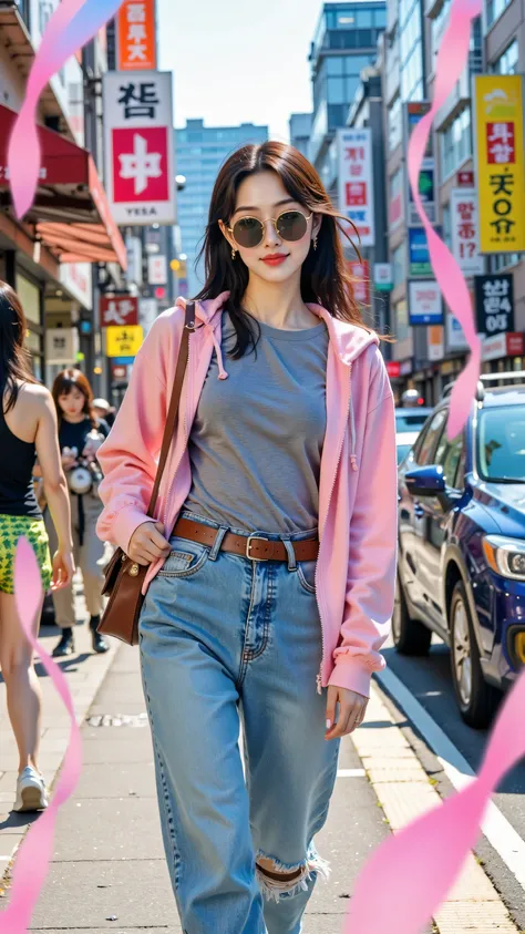 8k, masterpiece, highest quality, Korea's Beautiful Women, Full shot, slightly low angle viewpoint, long dark hair with sunglasses, wearing a pink hoodie, grey t-shirt, blue jeans with a brown belt, and brown shoes, carrying a brown purse, walking towards ...