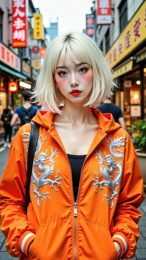 8k, masterpiece, highest quality, Korea's Beautiful Women, Close-up, eye-level viewpoint, woman, short white bob with blunt bangs, fair skin, dark eyes, red lipstick, wearing a bright orange jacket with embroidered silver dragons, hands in pockets, looking...
