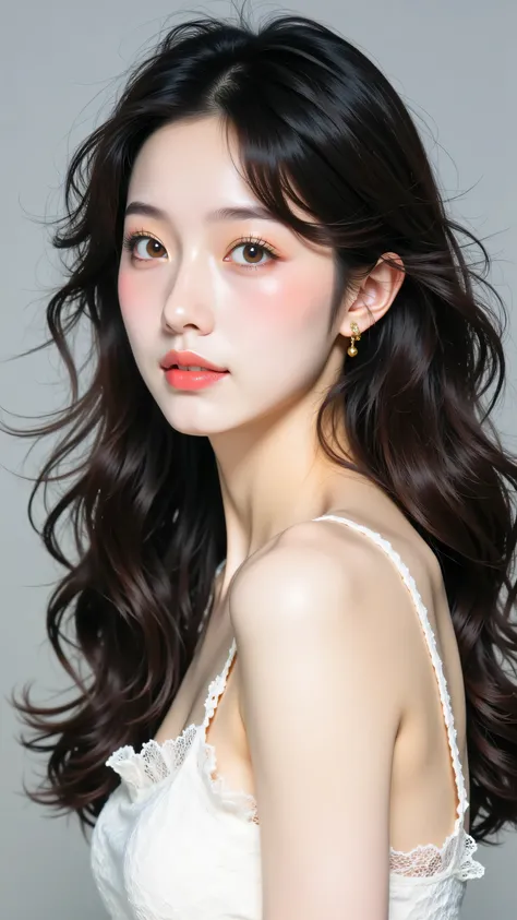 8k, masterpiece, highest quality, Beautiful Korean Women, Close-up, slightly low angle viewpoint, woman, long dark wavy hair with flyaways, fair skin, light brown eyes, subtle pink lips, wearing a white lace-trimmed top, looking slightly to the side with a...