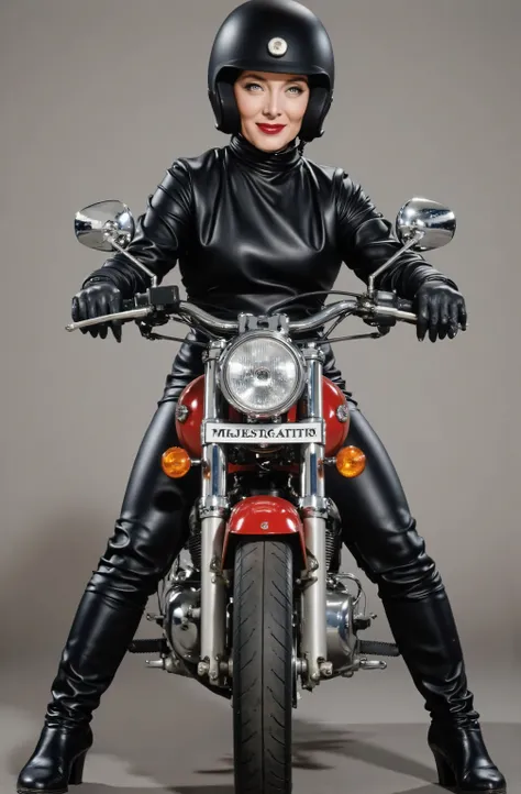 Marsha Queen Of Diamonds wearing a black leather pants, wearing black leather boots up to her knees, wearing black leather opera gloves. wearing a helmet, riding a motorcycle, full body picture, she is smiling.