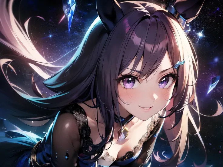 (solo: 1.5), (small: 1.5), (horse ears: 1.5), (small face, chubby: 1.5), (breasts visible through clothes), (arms between legs: 1.5), (leaning forward: 1.5), (looking at camera), (smiling: 1.5), (long black hair: 1.5), (blue lace long sleeve dress: 1.5), (...