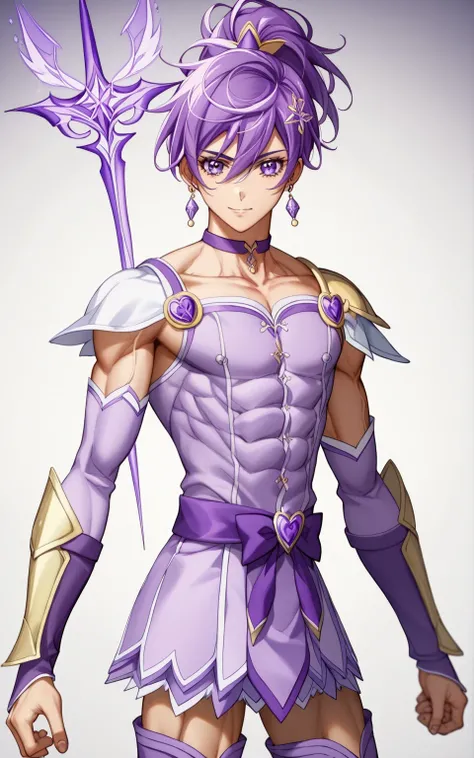 score 9 、score 8 up、score 7 up、source anime、masterpiece、best quality、high resolution、anime coloring、1boy、Cure Sword is male hero、(male:1.olo、close up of a cartoon boy in a purple dress、 Boy with short purple hair、With Sparkling Purple Eyes 、high short pony...