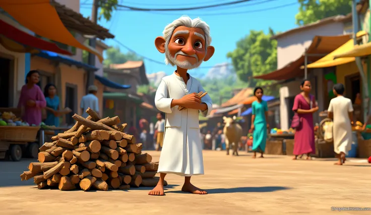 The A humble elderly Indian man with wrinkled skin,slim body,round face, wearing white kurta and white dhotar,selling firewood at a small village market, exchanging it for money.