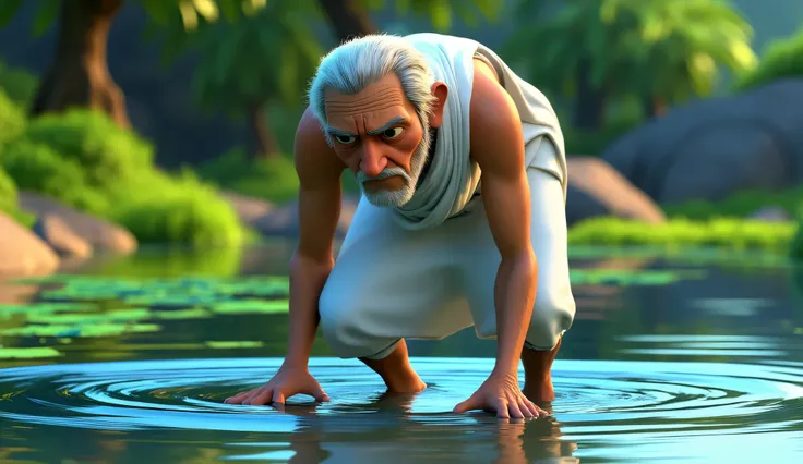 The A humble elderly Indian man with wrinkled skin,slim body,round face, wearing white kurta and white dhotar trying to search in the water, looking worried.