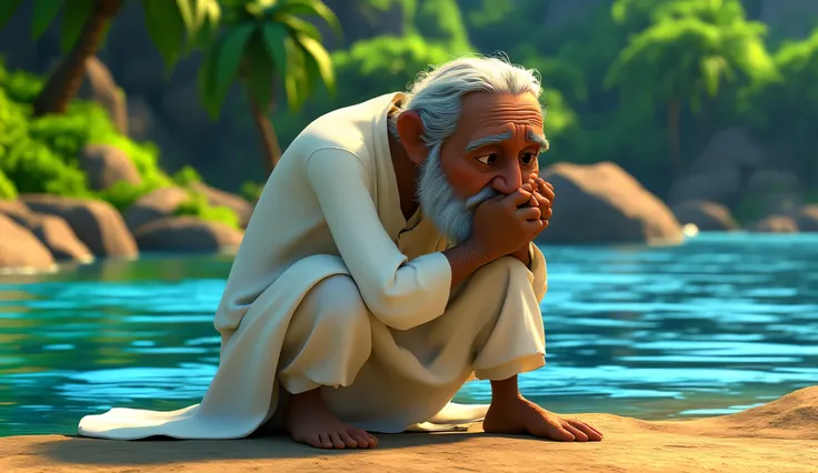 The The A humble elderly Indian man with wrinkled skin,slim body,round face, wearing white kurta and white dhotar,sitting sadly on the riverbank, crying with his face in his hands.
