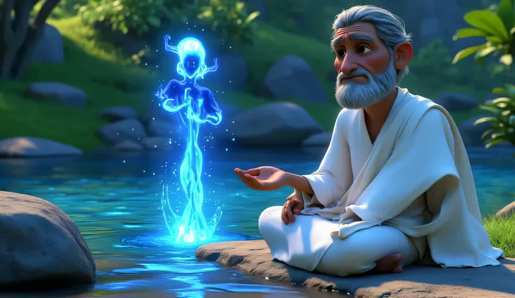 A mystical water deity , glowing and powerful offering to help the A humble elderly Indian man with wrinkled skin,slim body,round face, wearing white kurta and white dhotar, impressed by his honesty and hard work.sitting sadly on the riverbank